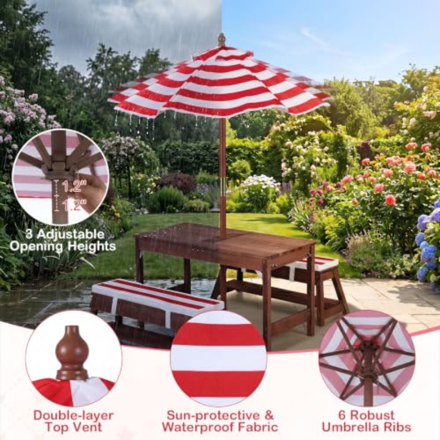 屋外用子供用ピクニックテーブル、パティオや裏庭に最適、木製、 - Kids Outdoor Table With Umbrella のレビューと価格