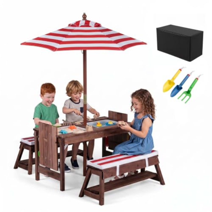 屋外用子供用ピクニックテーブル、パティオや裏庭に最適、木製、 - Kids Outdoor Table With Umbrella のレビューと価格