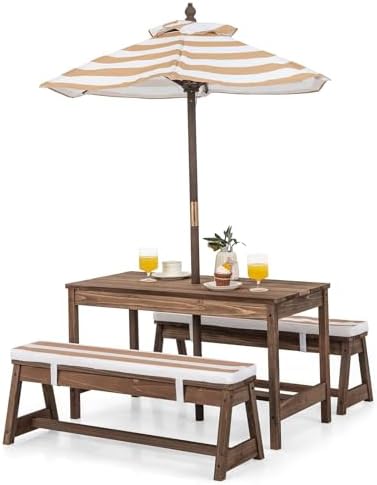 子供用ピクニックテーブル、屋外木製テーブル＆ベンチセット（取 - Kids Outdoor Table With Umbrella のレビューと価格