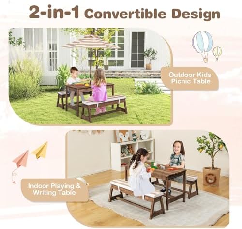 子供用ピクニックテーブル、屋外木製テーブル＆ベンチセット（取 - Kids Outdoor Table With Umbrella のレビューと価格
