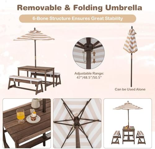 子供用ピクニックテーブル、屋外木製テーブル＆ベンチセット（取 - Kids Outdoor Table With Umbrella のレビューと価格
