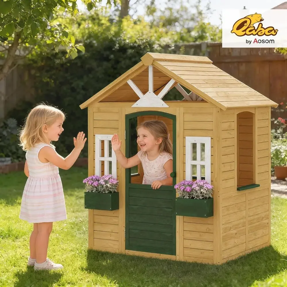 カバ屋外プレイハウス、木製キッズプレイハウス（開閉式ドア、3 - Qaba Kids Outdoor Playhouse のレビューと価格