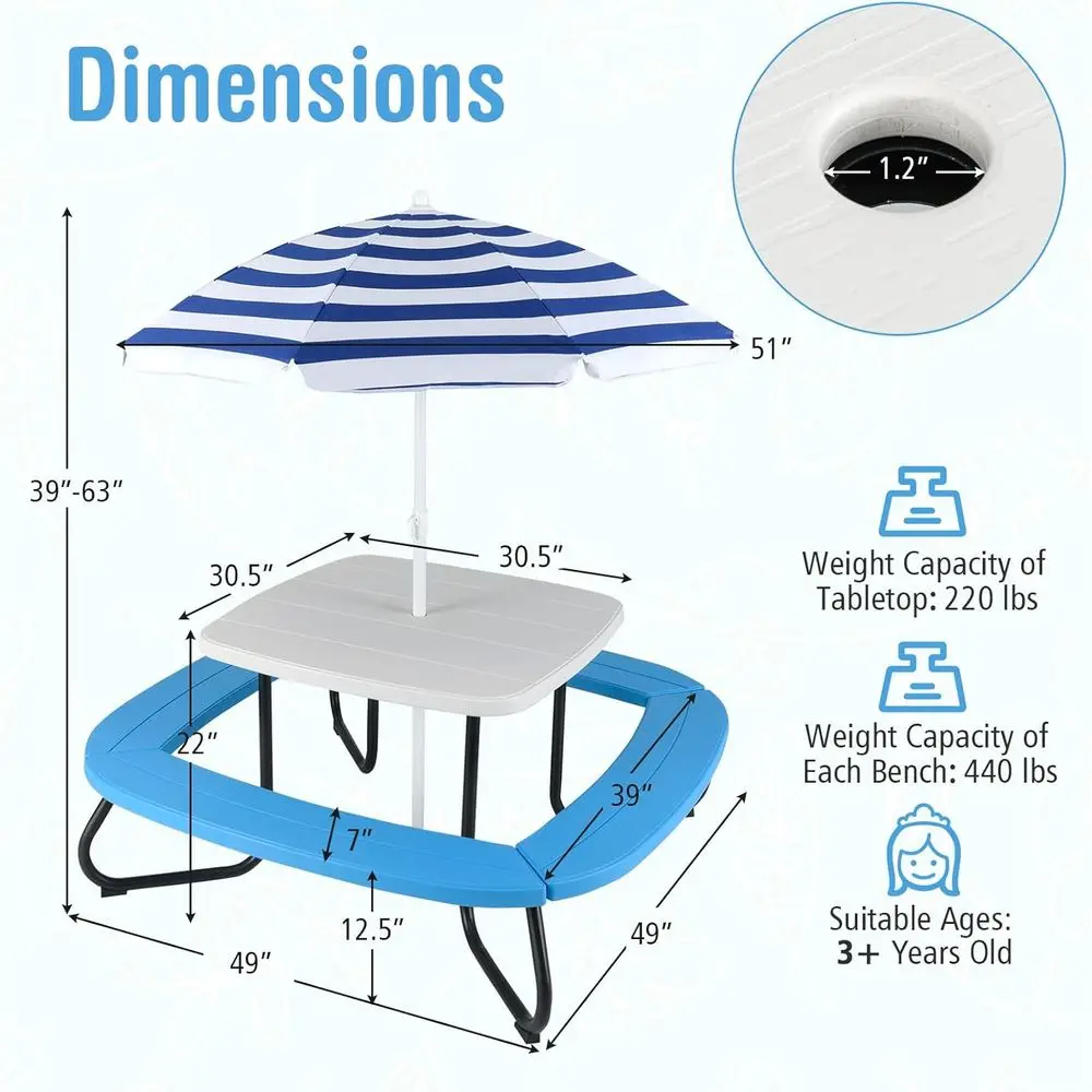 8人用子供用ピクニックテーブル、傘付き、幼児用アクティビティ - Kids Outdoor Bench With Umbrella のレビューと価格