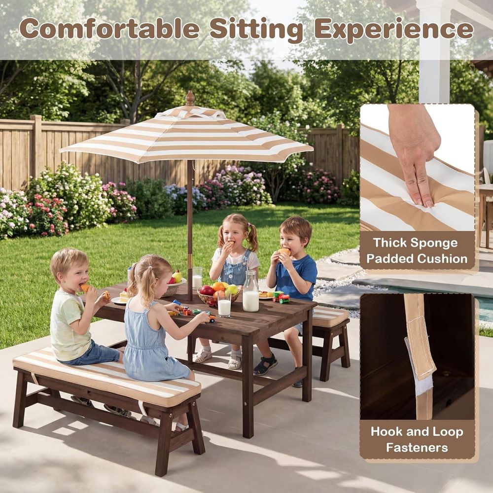 キッズピクニックテーブル、IRウッド幼児用屋外テーブル＆ベン - Kids Outdoor Table With Umbrella のレビューと価格