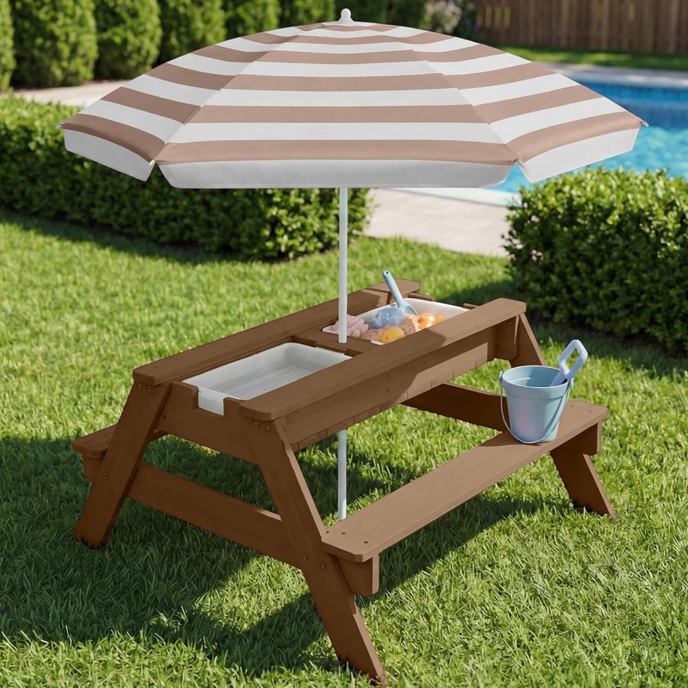 子供用ピクニックテーブル（傘付き）、3-in-1砂場＆水遊び - Kids Outdoor Water Table のレビューと価格