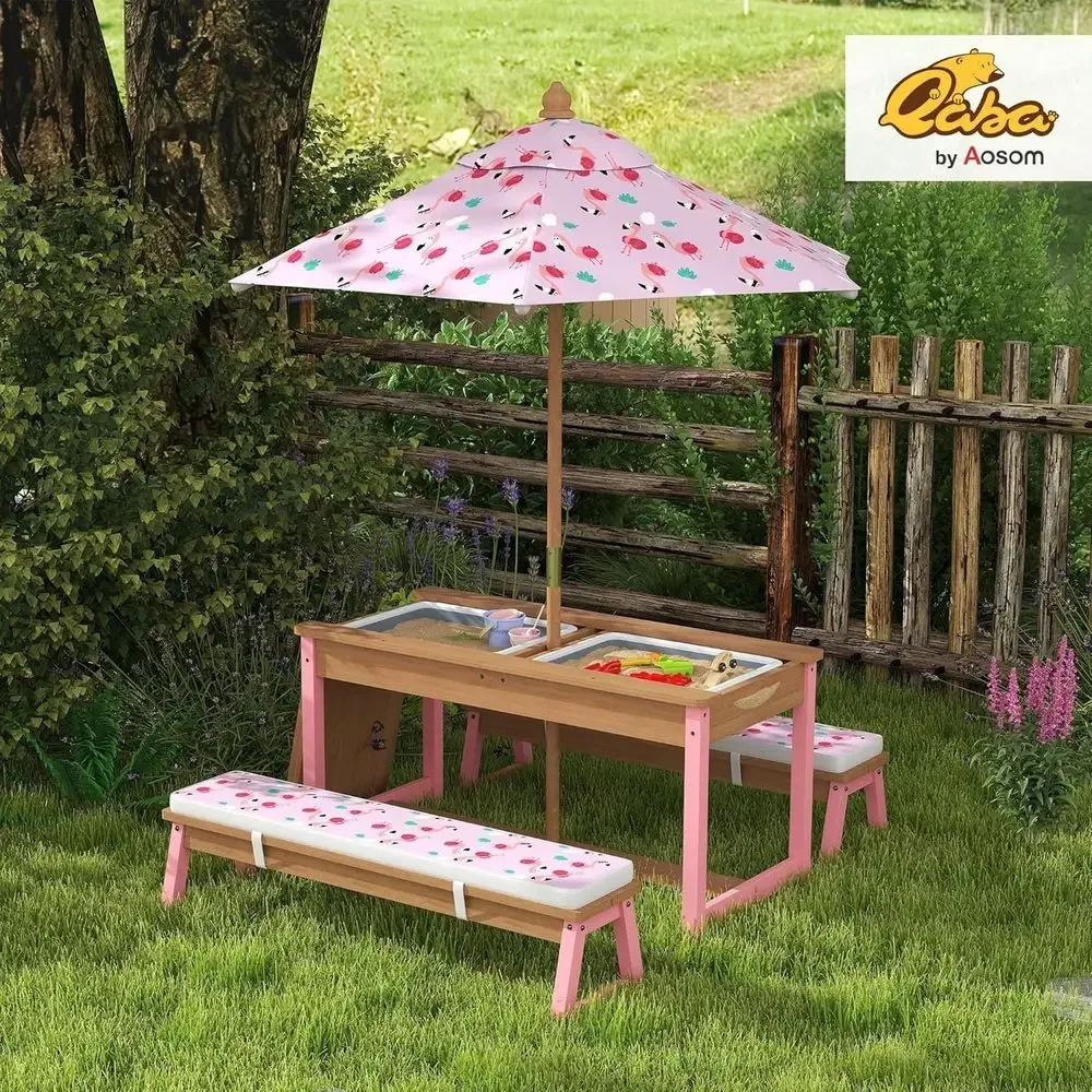 木製ピクニックテーブルセット、傘、クッション、収納ボックス付 - Kids Outdoor Table With Umbrella のレビューと価格