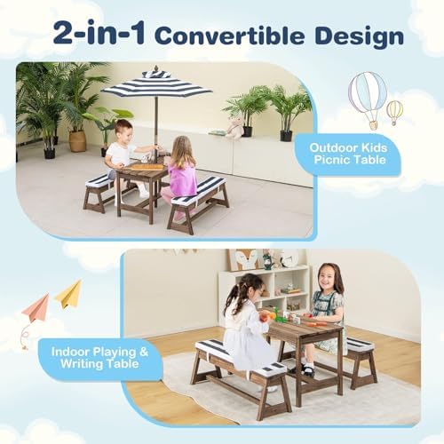 子供用ピクニックテーブル、屋外木製テーブル＆ベンチセット（取 - Kids Outdoor Bench With Umbrella のレビューと価格
