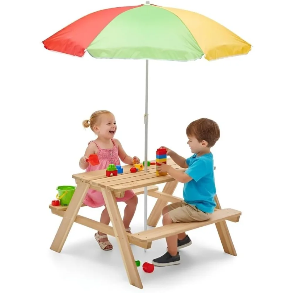 木製キッズピクニックテーブル 屋外幼児用アクティビティセット - Kids Outdoor Bench With Umbrella のレビューと価格