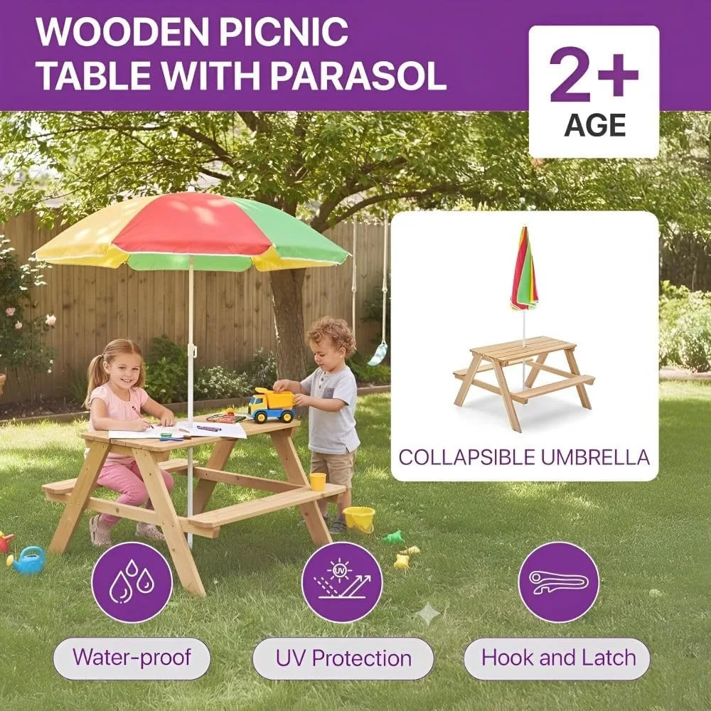 木製キッズピクニックテーブル 屋外幼児用アクティビティセット - Kids Outdoor Bench With Umbrella のレビューと価格