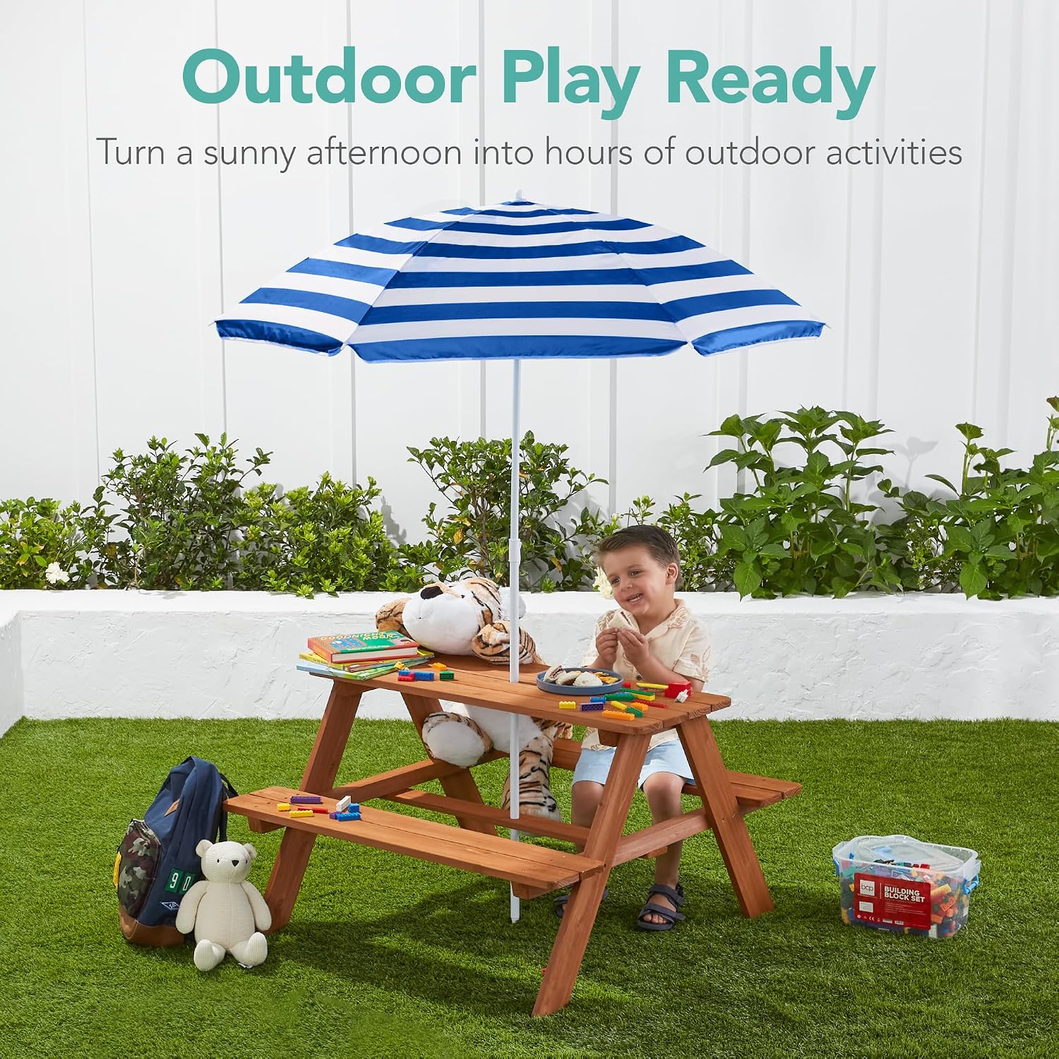 木製キッズピクニックテーブル（傘付き）、屋外アクティビティテ - Kids Outdoor Table With Umbrella のレビューと価格