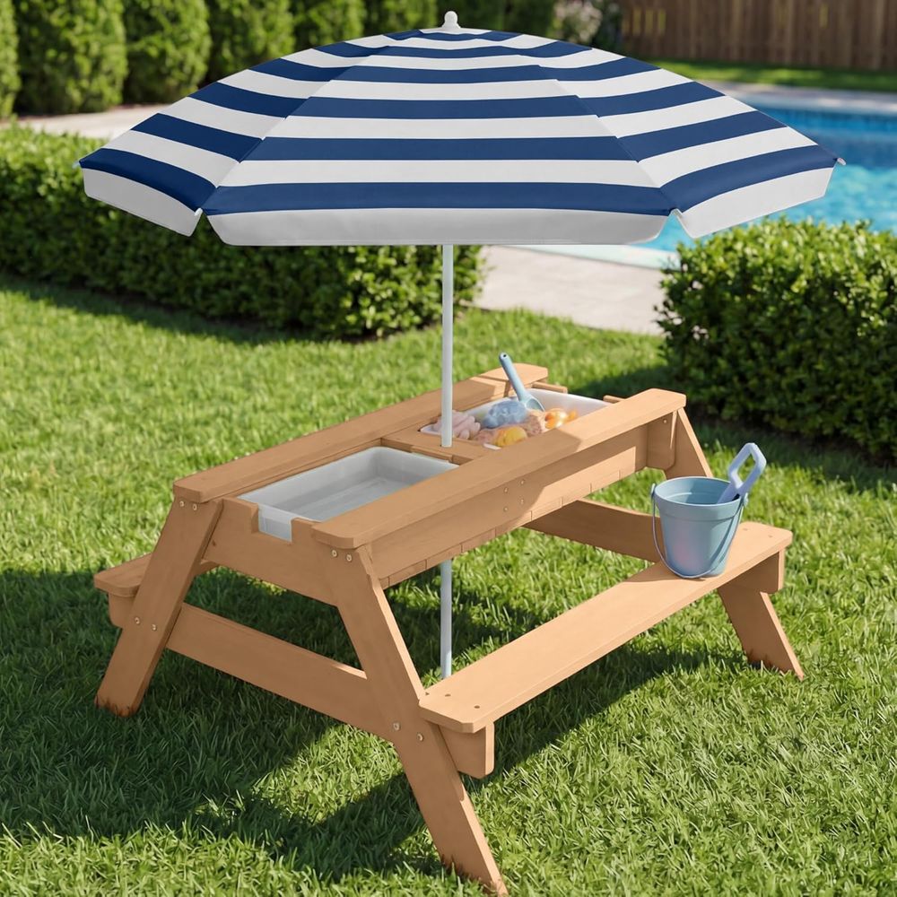子供用ピクニックテーブル（傘付き）、3-in-1砂場＆水遊び - Kids Outdoor Table With Umbrella のレビューと価格
