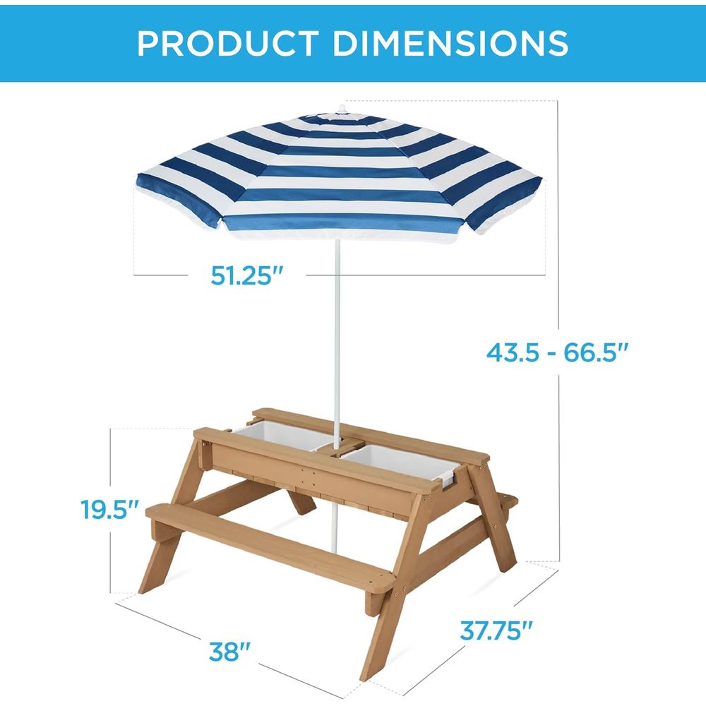 子供用ピクニックテーブル（傘付き）、3-in-1砂場＆水遊び - Kids Outdoor Table With Umbrella のレビューと価格