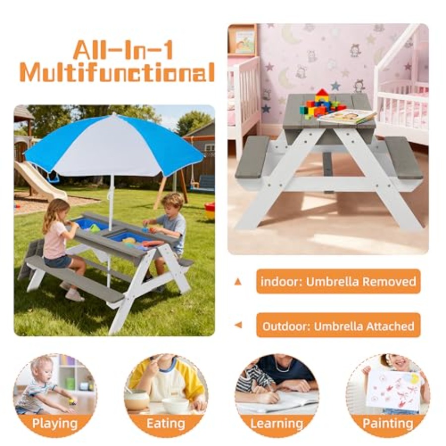 屋外裏庭パティオ用子供向けピクニックテーブル：3-in-1木 - Kids Outdoor Table With Umbrella のレビューと価格